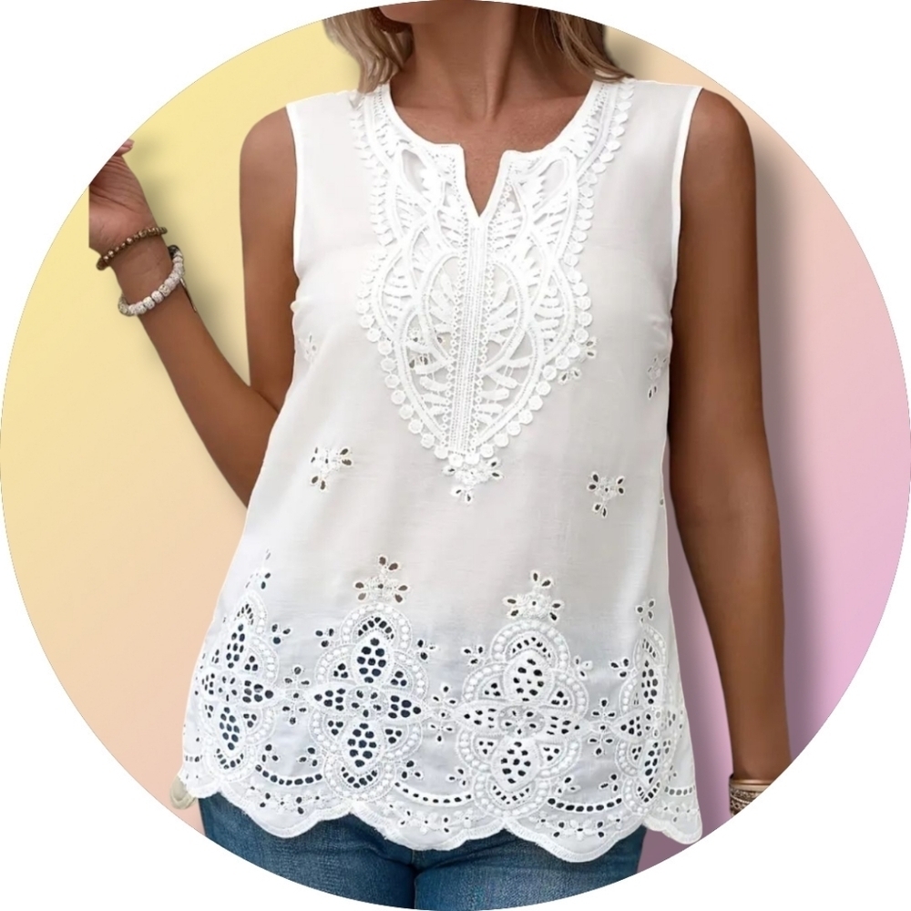 New Elegant White Eyelet Sleeveless Top Sz
